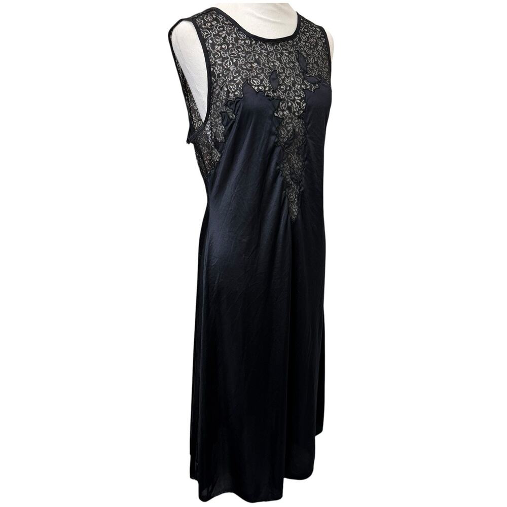 Vintage Helen Anderson Contessa Black Lace Plunge Cut Out Satin Midi Nightgown M